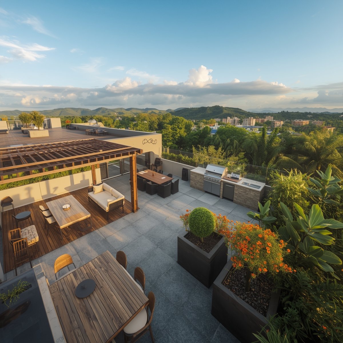 Modern rooftop terrace with wooden furniture, potted plants, and mountain views under blue sky