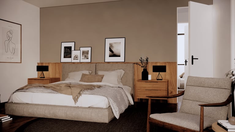 Modern bedroom with wooden bed frame, beige bedding, mid-century nightstands with lamps, wall art, and upholstered armchairs on dark flooring